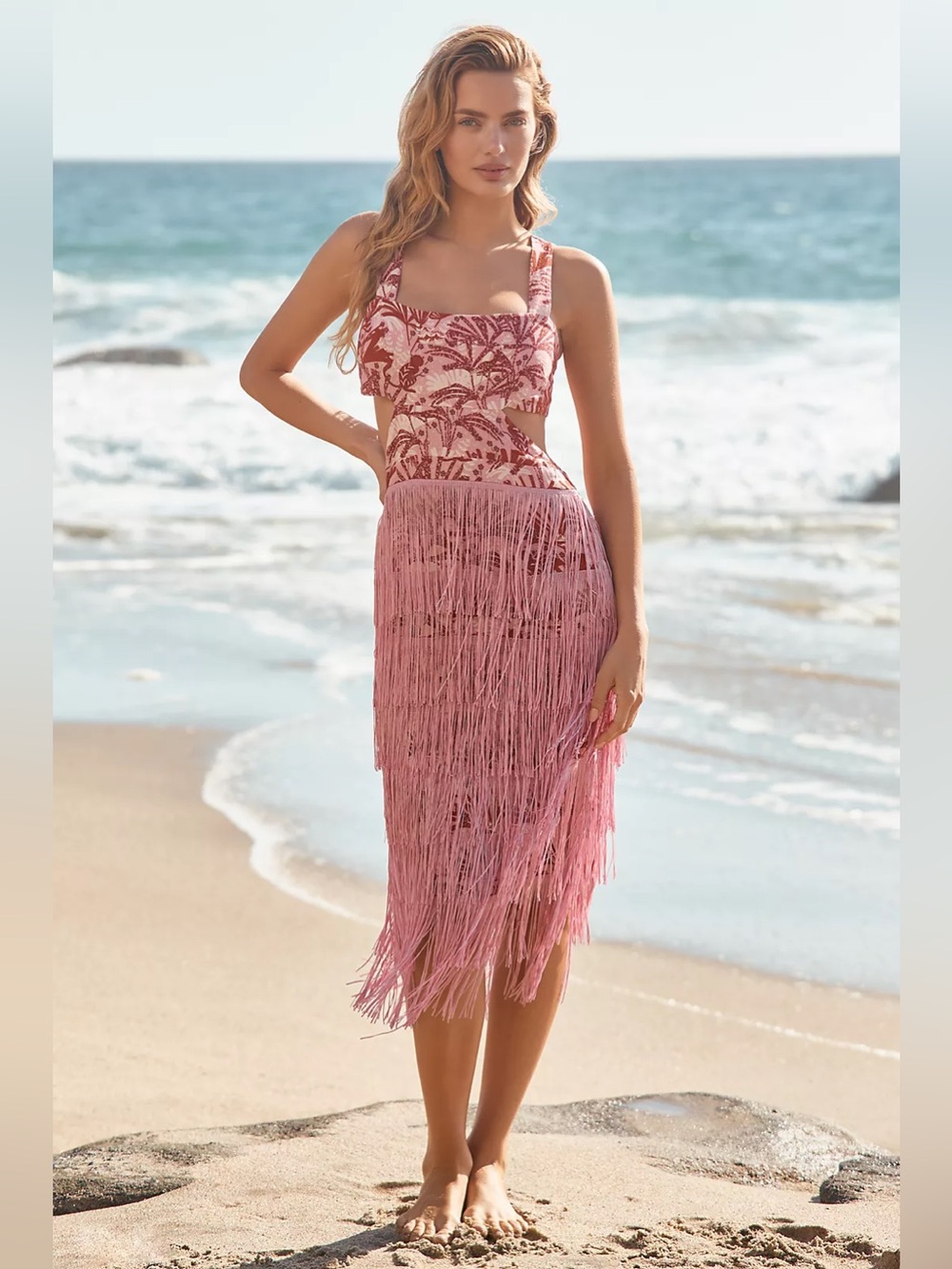 By Anthropologie Linen Fringe Column Midi Dress